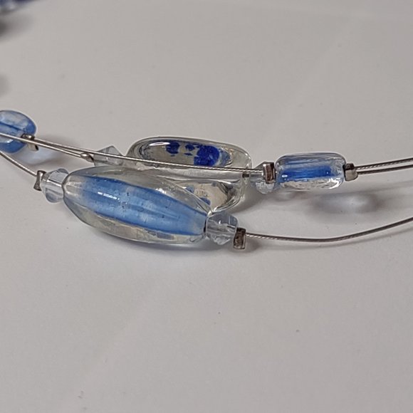 Blue And Clear Glass Bead And Wire Necklace Adjustable 15.5 To 18 Inches Long - Picture 7 of 12